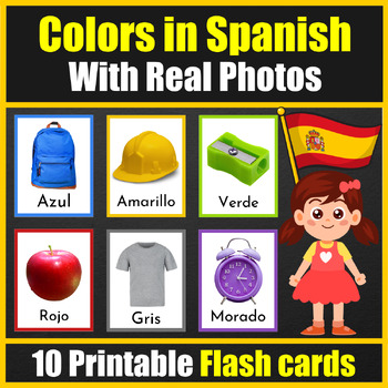 Preview of Spanish Colors Vocabulary Flashcards for Pre-k & kindergarten kids - Real Photos