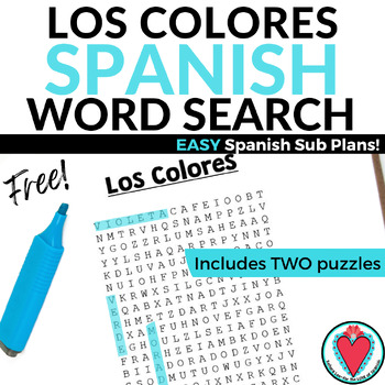 Preview of Spanish Colors Worksheet Word Search Spanish Vocabulary Sub Lesson Plan FREE