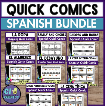Preview of Spanish Comic BUNDLE, preferences, food, clothing, family, chores, house vocab