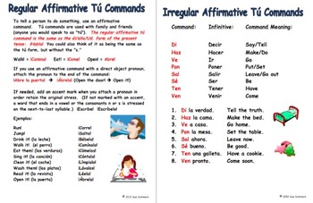 spanish commands tu affirmative chart irregulars practice reference subject