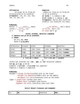 Preview of Spanish Commands with Direct Object Pronouns Notes/Practice