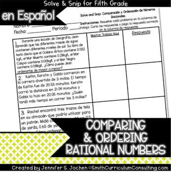 Preview of Spanish Comparing and Ordering Rational Numbers Math Activity | Solve and Snip®