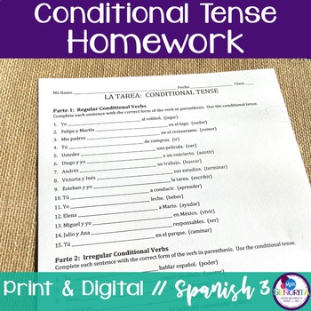 Preview of Spanish Conditional Tense Homework - Regular and Irregular Verbs el condicional