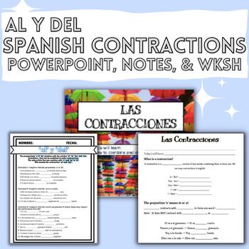 Preview of Spanish Contractions - Al y Del - Powerpoint, Guided Notes & Practice Worksheet