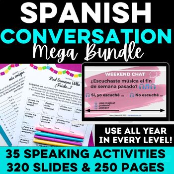 Preview of Spanish Conversation Speaking Mega Bundle Weekend Chat Worksheets & Chat Slides