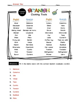 Spanish Kitchen Measurements Vocabulary Word List Worksheet & Answer Key