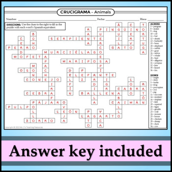 Spanish Crossword Puzzle Animals by Ms Zs Teaching Resources TPT