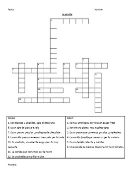 Spanish Crossword Puzzle: Food by Little Language Shop | TPT