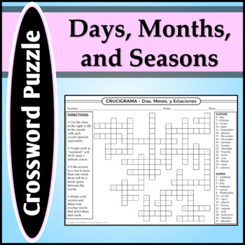 Preview of Spanish Crossword Puzzle - Months, Seasons, and Days of the Week