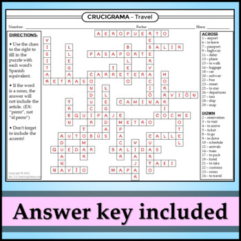 Spanish Crossword Puzzle Travel by Ms Zs Teaching Resources TPT