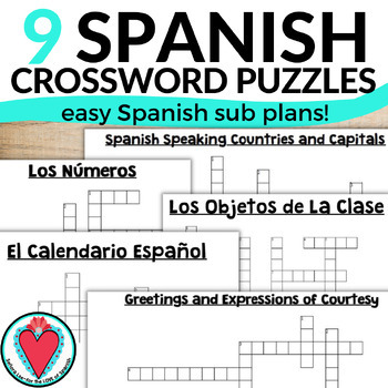 Preview of End of Year Spanish 1 Crossword Puzzles Vocabulary Review Worksheets - Sub Plans