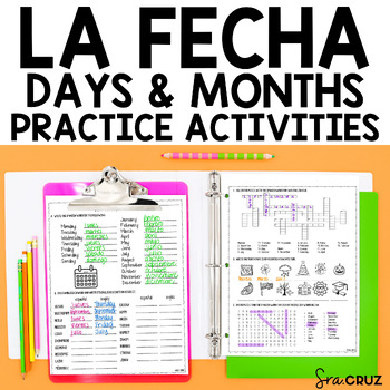 Preview of Spanish Date La Fecha Vocabulary Worksheets Days and Months of the Year Practice