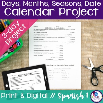 Preview of Spanish Days, Months, Seasons, Date Calendar Project - la fecha print digital
