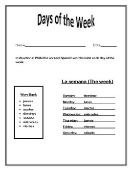 kindergarten spanish days of the week worksheets