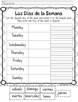 beginning spanish days of the week and months of they year tpt