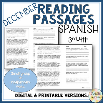 Preview of Spanish December Reading Comprehension Passages 3rd 4th Comprensión Lectoras