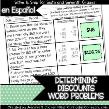 Preview of Spanish Determining Discounts Word Problems | Solve and Snip® | 6th and 7th