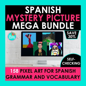 Preview of Spanish Pixel Art Mystery Picture Bundle Spanish Grammar and Spanish Vocabulary