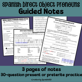 Preview of Spanish Direct Object Pronouns Guided Notes and Practice
