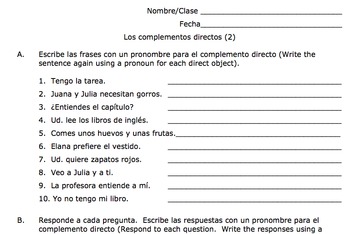 Preview of Spanish Direct Object Pronouns Practice (Los complementos / objetos directos)