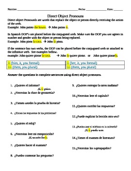 Preview of Spanish Direct Object Pronouns Worksheet
