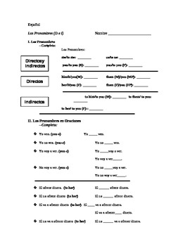 Spanish Direct and Indirect Object Pronoun Worksheet  TpT