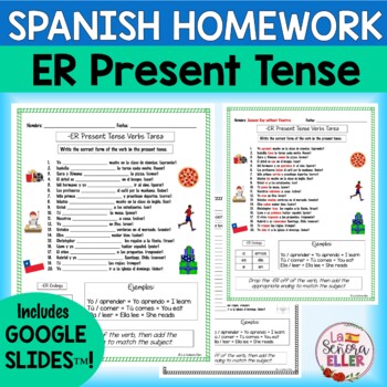 Preview of Spanish ER Present Tense Verbs Homework | Spanish Worksheet