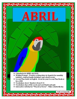 Preview of Calendario de Abril- Days of the Week/Numbers 0-30/Spanish Earth Day Color Fan