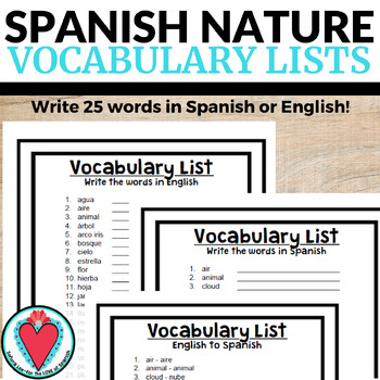 Preview of Spanish to English Worksheets Nature Vocabulary Lists Earth Day Activity