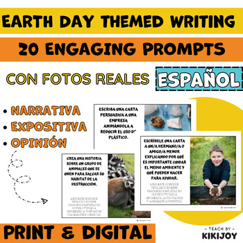 Preview of Spanish Earth Day Themed Writing Prompts- Printable Cards and Digital Slides