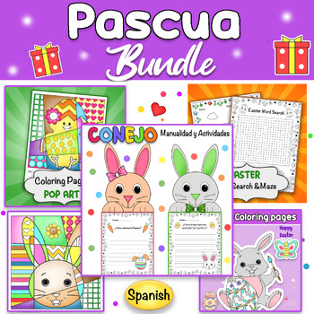 Preview of Spanish Easter Activities Bundle - Crafts, coloring, word search, Spring Writing