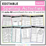 Spanish Editable Spelling Activities for ANY 10 Word List
