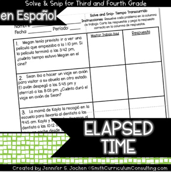Preview of Spanish Elapsed Time Word Problems Math Activity | Solve and Snip®
