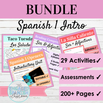 Preview of Spanish 1 Introduction Activity Bundle | Greetings Descriptions Subject Pronouns