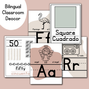 Preview of Spanish English Bilingual Classroom Decor Boho Neutral Colors Alphabet