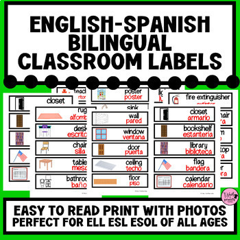 Preview of Spanish-English Classroom Environment Label Cards with Pictures|Bilingual|ELL
