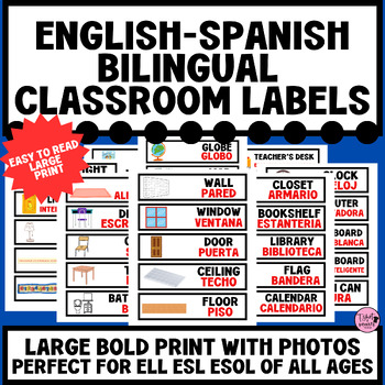 Preview of Spanish-English Classroom Environment Label Cards with Pictures|Bilingual|ELL