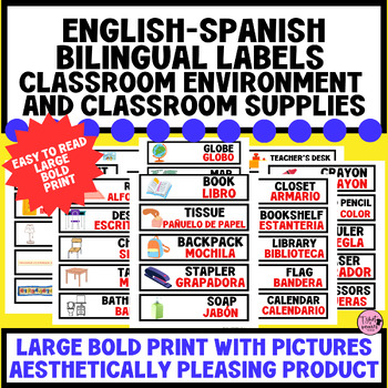 Preview of Spanish-English Classroom Environment and Classroom Supply Labels with Pictures