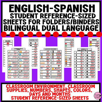Preview of Spanish-English Classroom Label Reference Sheets for Student Folders|ELL|BUNDLE!