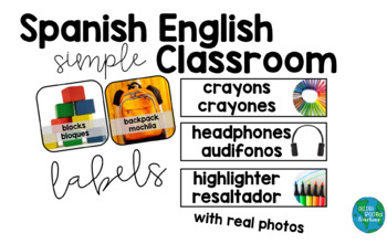 Preview of Spanish English Classroom Labels SIMPLE with REAL PHOTOS