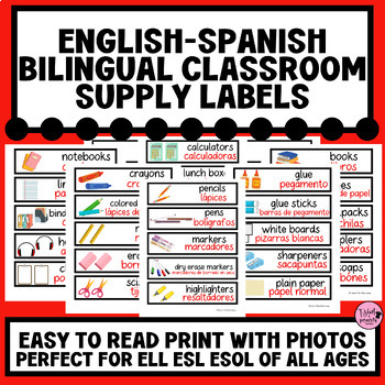 Preview of Spanish-English Classroom Supplies & Object Labels with Pictures|Bilingual|ELL