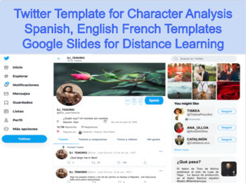 Preview of Spanish English French Twitter Template Character Literature Google Slides  