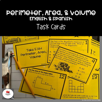 Preview of Spanish & English Gr 5 Math Teks 5.4H-  Perimeter, Area, & Volume Task Cards