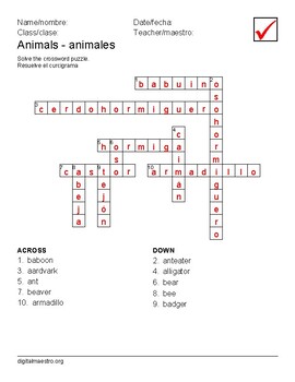 Spanish / English Vocabulary Puzzles (crossword): Animals TPT