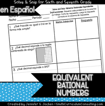 Preview of Spanish Equivalent Rational Numbers Word Problem Math Activity | Solve and Snip®