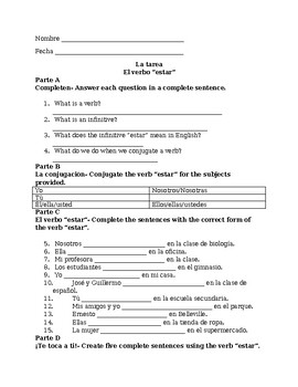 Preview of Spanish Estar Verb Practice Worksheet / Homework or Classwork