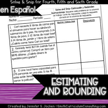 Preview of Spanish Estimating and Rounding Word Problem Math Activity | Solve and Snip®