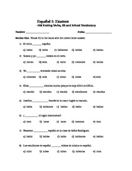 Preview of Spanish Exam: -AR Verbs, IR (to go), School Vocabulary