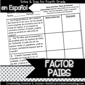 Preview of Spanish Factor Pairs Math Activity Solve and Snip® Interactive Word Problems
