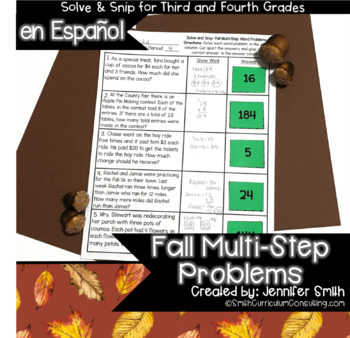 Preview of Spanish Fall Math Activity | Multi-Step Problems Solve and Snip® | 3rd and 4th